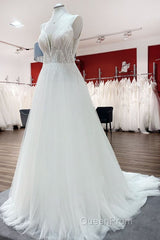 Simple Long V-neck Sequins Ruffles A-line Tulle Backless Wedding Dresses