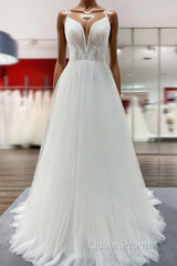 Simple Long V-neck Sequins Ruffles A-line Tulle Backless Wedding Dresses
