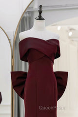 Simple Mermaid Satin Burgundy Long Evening Prom Dresses, Burgundy Long Formal Dresses