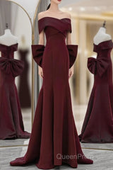Simple Mermaid Satin Burgundy Long Evening Prom Dresses, Burgundy Long Formal Dresses