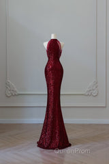 Simple Mermaid Scoop Neckline Burgundy Sequin Long Party Dresses Evening Prom Dresses