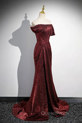 Simple Off Shoulder Burgundy Long Evening Prom Dresses, Burgundy Long Formal Dresses