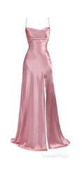 Simple Pink Spaghetti Straps Long Evening Prom Dresses with Split