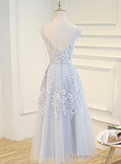 Simple Pretty Light Grey Tea Length Prom Dress, Tea Length Bridesmaid Dress