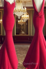Simple Red Mermaid Long Evening Prom Dresses, Red Evening Dresses