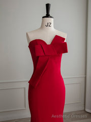 Simple Red Satin Mermaid Long Prom Dress, Red Formal Evening Dress