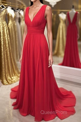 Simple Red V Neck and V Back Chiffon Long Evening Prom Dresses, V Neck Red Long Evening Dresses, Red Formal Dresses, Graduation Dresses