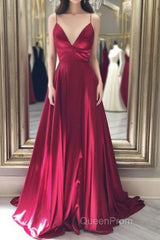 Simple red v neck satin long Evening Prom Dresses, red evening Dresses