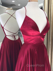 Simple red v neck satin long Evening Prom Dresses, red evening Dresses