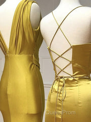 Simple Satin Gold Long Evening Prom Dresses, Gold Satin Long Formal Dresses