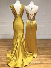 Simple Satin Gold Long Evening Prom Dresses, Gold Satin Long Formal Dresses