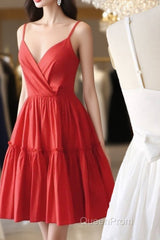 Simple Satin Red Short Evening Prom Dresses Red Cocktail Dresses