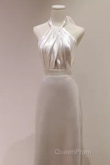 Simple Sheath Satin White Long Wedding Dresses Backless Brides Dresses