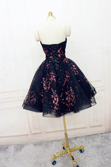 Simple Short Black Tulle Party Dresses With Floral, Lovely Short Evening Prom Dresses