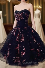 Simple Short Black Tulle Party Dresses With Floral, Lovely Short Evening Prom Dresses