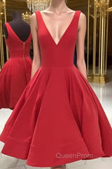 Simple Short V Neck Red Satin Evening Prom Dresses, Short Red Formal Homecoming Dresses