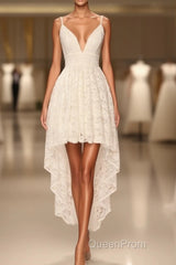 Simple Spaghetti Straps Hi-Lo Evening Prom Dresses,White Lace Evening Prom Dresses