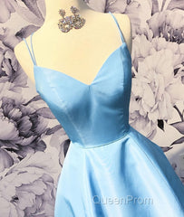 Simple sweetheart blue satin long Evening Prom Dresses, blue evening Dresses