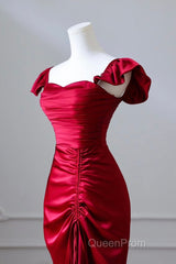 Simple Sweetheart Neck Satin Burgundy Long Evening Prom Dresses, Burgundy Long Formal Dresses