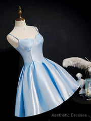 Simple Sweetheart Neck Satin Short Blue Prom Dresses, Puffy Blue Homecoming Dresses