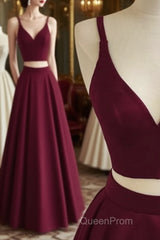 Simple Two Pieces Burgundy Long Evening Prom Dresses, Burgundy Evening Dresses