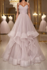 Simple v neck A-line tulle long Evening Prom Dresses sweet 16 Dresses