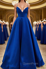 Simple V Neck Backless Royal Blue Satin Long Evening Prom Dresses, Royal Blue Backless Formal Dresses, Royal Blue Evening Dresses, Ball Gown