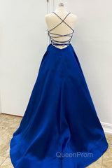 Simple V Neck Backless Royal Blue Satin Long Evening Prom Dresses, Royal Blue Backless Formal Dresses, Royal Blue Evening Dresses, Ball Gown