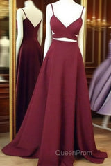 Simple V Neck Burgundy Long Evening Prom Dresses, Burgundy Evening Dresses