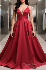 Simple v neck burgundy satin long Evening Prom Dresses burgundy formal Dresses