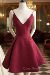 Simple V Neck Burgundy Short Evening Prom Dresses, Burgundy Homecoming Dresses