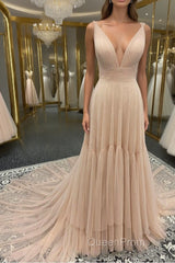 Simple v neck champagne tulle long Evening Prom Dresses, champagne evening Dresses