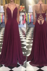 Simple v neck chiffon backless long Evening Prom Dresses, Burgundy evening Dresses