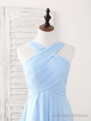 Simple V Neck Chiffon Blue Long Prom Dress Blue Bridesmaid Dress