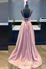 Simple v neck pink satin long Evening Prom Dresses pink formal Dresses
