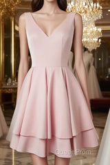 Simple v neck pink short Evening Prom Dresses, cute pink homecoming Dresses