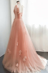 Simple V Neck Pink Tulle Long Evening Prom Dresses Pink Tulle A Line Evening Dresses