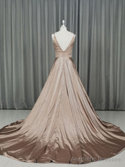 Simple v neck satin champagne long prom dress champagne evening dress