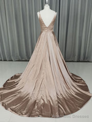 Simple v neck satin champagne long prom dress champagne evening dress