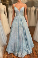 Simple v neck sequin long Evening Prom Dresses, blue sequin formal Dresses