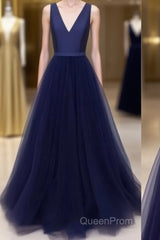 Simple V Neck Tulle Long Evening Prom Dresses, Dark Blue Evening Dresses