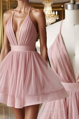 Simple v neck tulle pink short Evening Prom Dresses pink bridesmaid Dresses