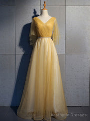 Simple V Neck Tulle Sequin Long Prom Dress, A line Tulle Evening Dresses