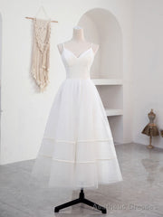 Simple V Neck Tulle Tea Length White Prom Dress, White Bridesmaid Dress