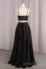 Simple V Neck Two Pieces Black Evening Prom Dresses, 2 Pieces Black Long Formal Dresses, Black Evening Dresses