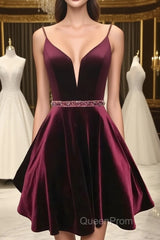 Simple v neck velvet short burgundy Evening Prom Dresses, burgundy homecoming Dresses