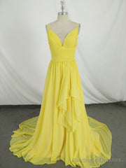 Simple V Neck Yellow Chiffon Long Prom Dress, Yellow Evening Dress