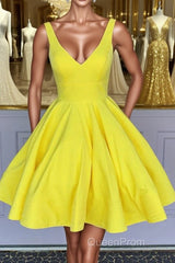 Simple V Neck Yellow Short Evening Prom Dresses, V Neck Yellow Homecoming Dresses, Yellow Graduation Formal Evening Dresses