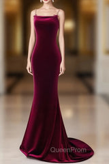 Simple Velvet Mermaid Burgundy Long Evening Prom Dresses, Burgundy Long Evening Dresses