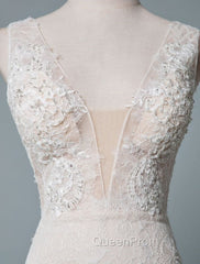 Simple Wedding Dresses Lace A Line V Neck Sleeveless Beaded Floor Length Feather Bridal Gowns